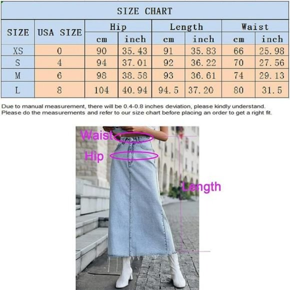 Women's Trendy Long Denim Blue Jeans Skirt High Waisted Stretchy A-Line Raw Hem - Picture 5 of 5
